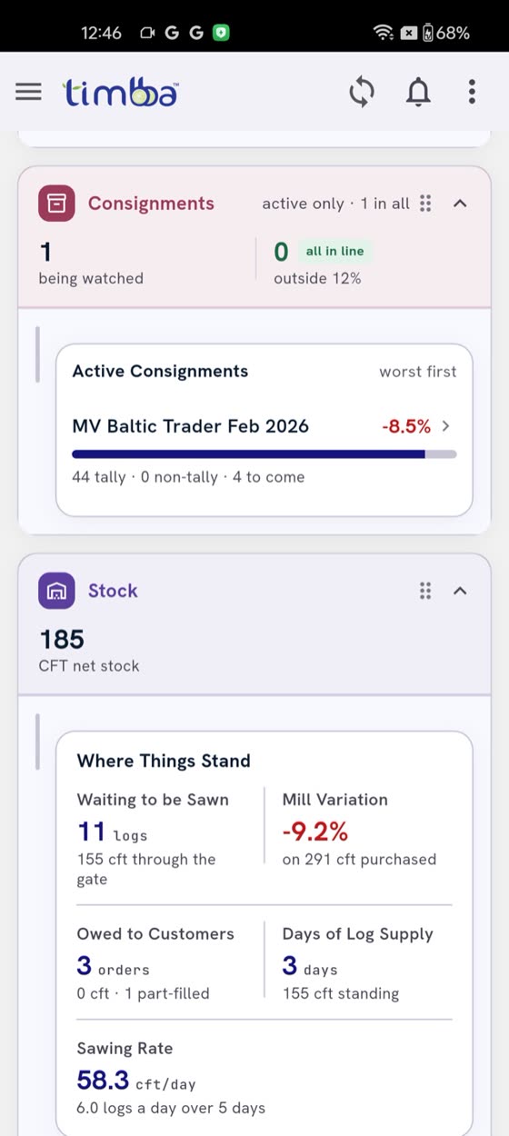 Phone dashboard: active consignments and where things stand