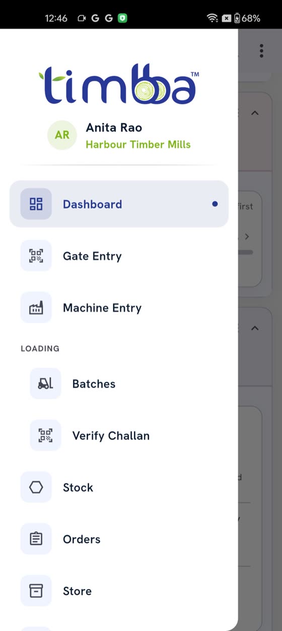 Navigation drawer listing only the modules this person holds
