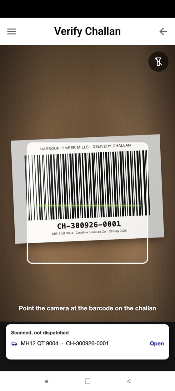 Verify Challan on the phone: the challan barcode in the camera frame, read as CH-300926-0001