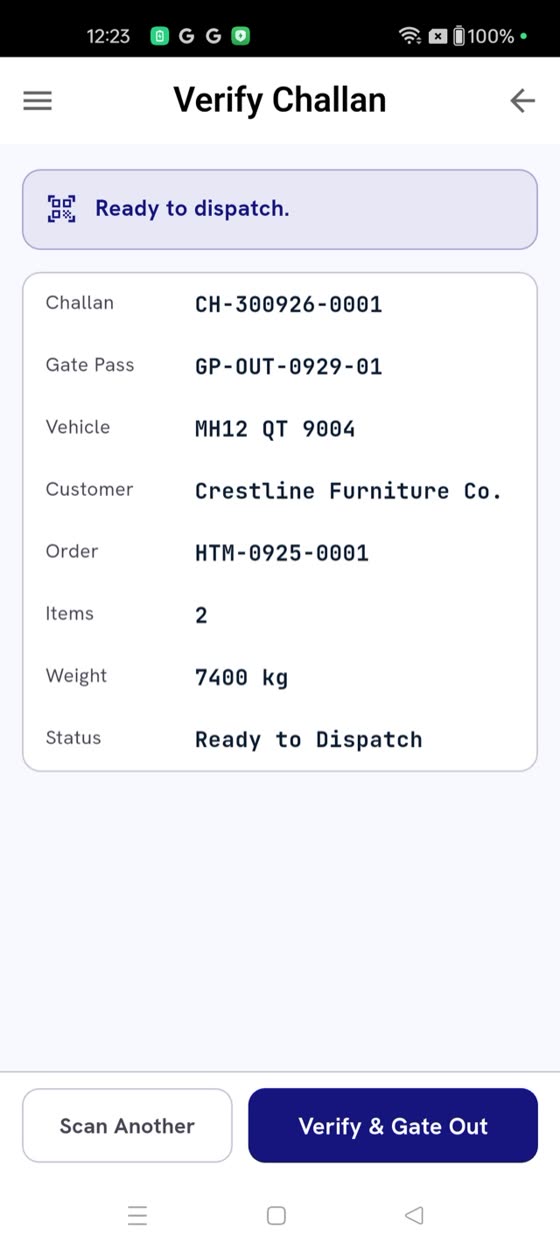 Verify Challan on the phone: challan read, ready to dispatch, with vehicle, customer, order and weight