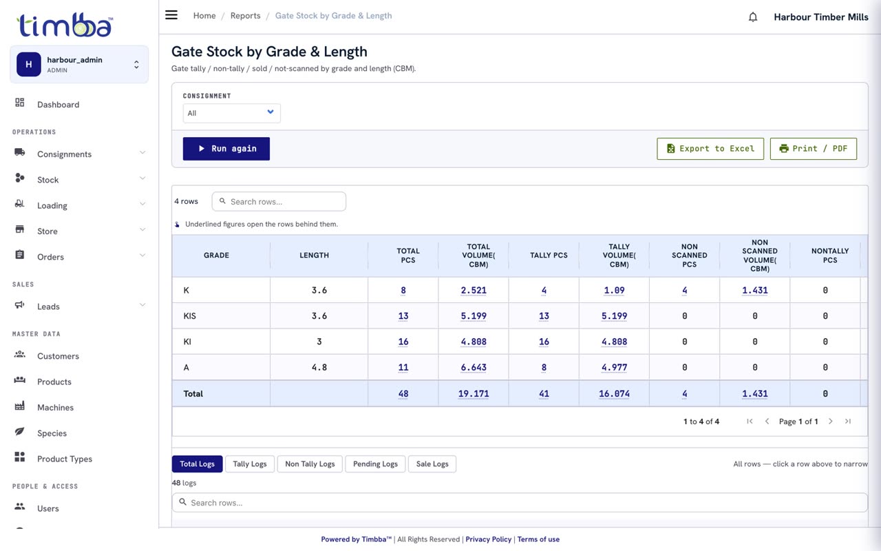 Gate Stock by Grade and Length with the tabbed log list beneath it